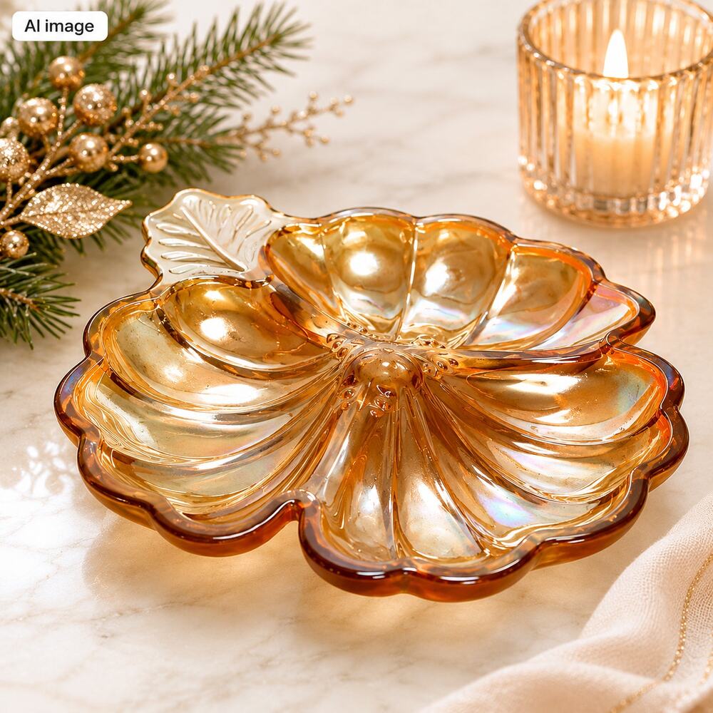 🍂💛Vintage Jeannette Carnival Glass Candy Dish Iridescent Maple Leaf Amber VTG